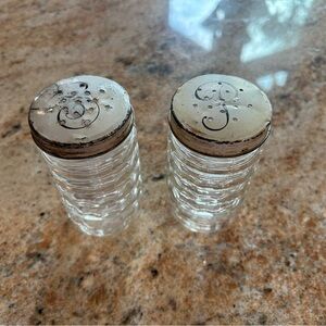 Anchor Hocking 1953 Clear Ribbed Beehive Glass S&P Shakers w/White Metal Lids.